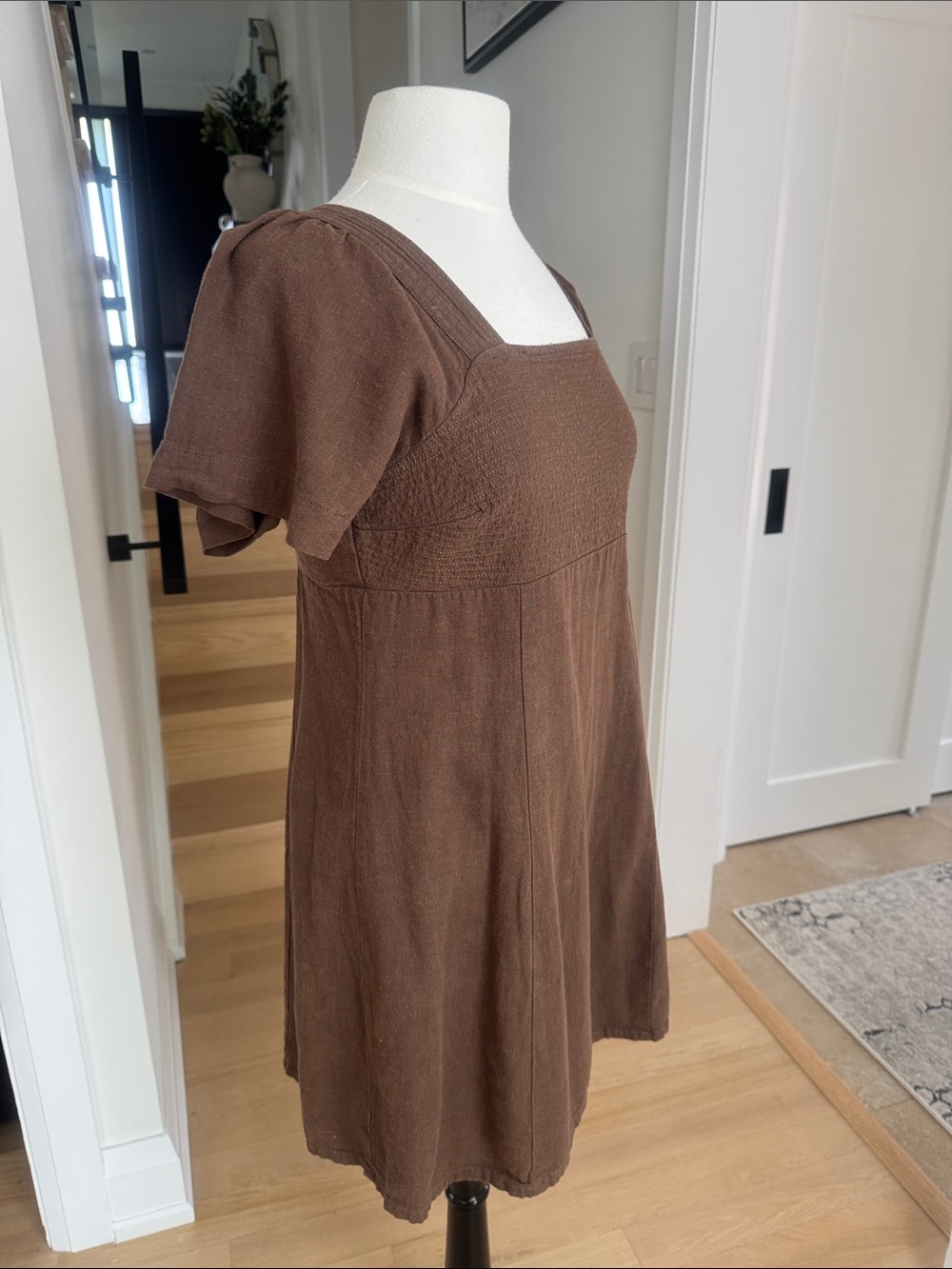 Oak + Fort Brown Linen Blend Mini Dress Size Medium Cottagecore - Picture 2 of 5
